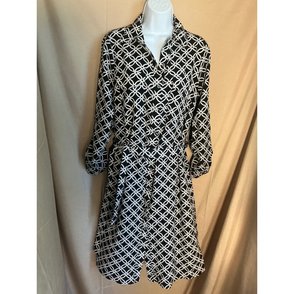 NY Collection Shirt Dress Womens Medium Black White Geometric Button Up Dress